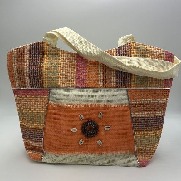 J Francis orange/multicolored woven tote bag with zip top and inside slip pocket - Picture 1 of 6
